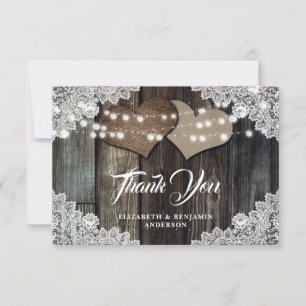 Rustic Country Wood Lace Burlap Hearts Wedding Thank You Card