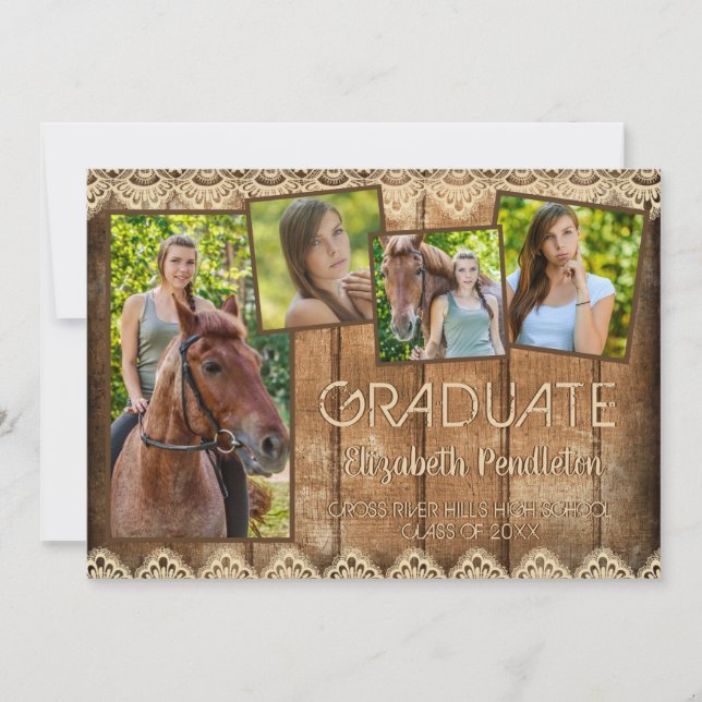 Rustic Country Wood Lace GRADUATE Photo Collage Announcement (Front)