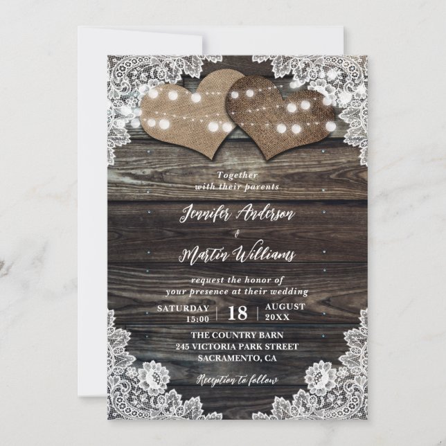 Rustic Country Wood Lace String Lights Wedding Invitation (Front)