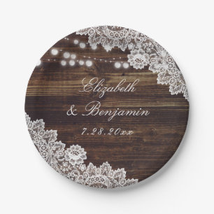 Rustic Country Wood Lace String Lights Wedding Paper Plate