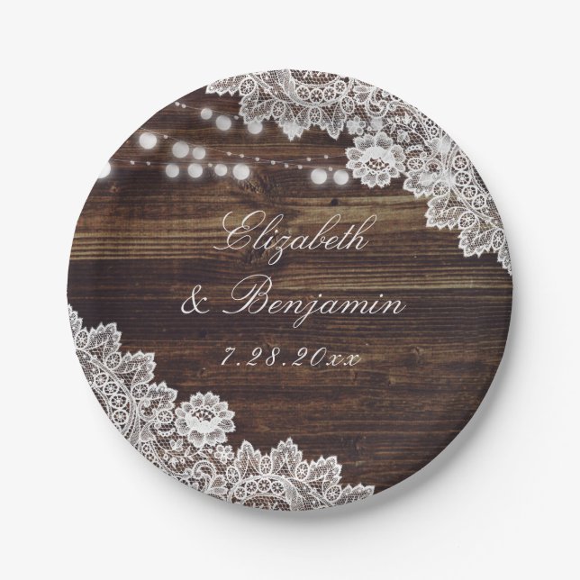 Rustic Country Wood Lace String Lights Wedding Paper Plate (Front)