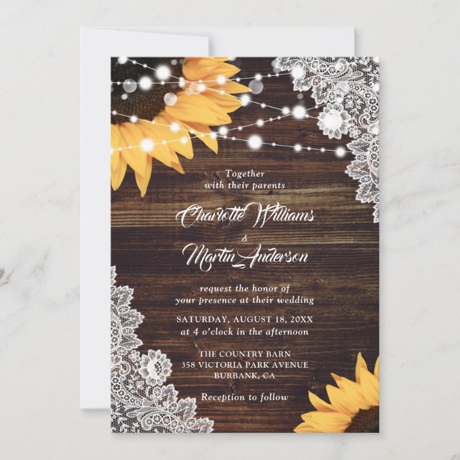 Rustic Country Wood Lace Sunflower Wedding Invitation (Front)