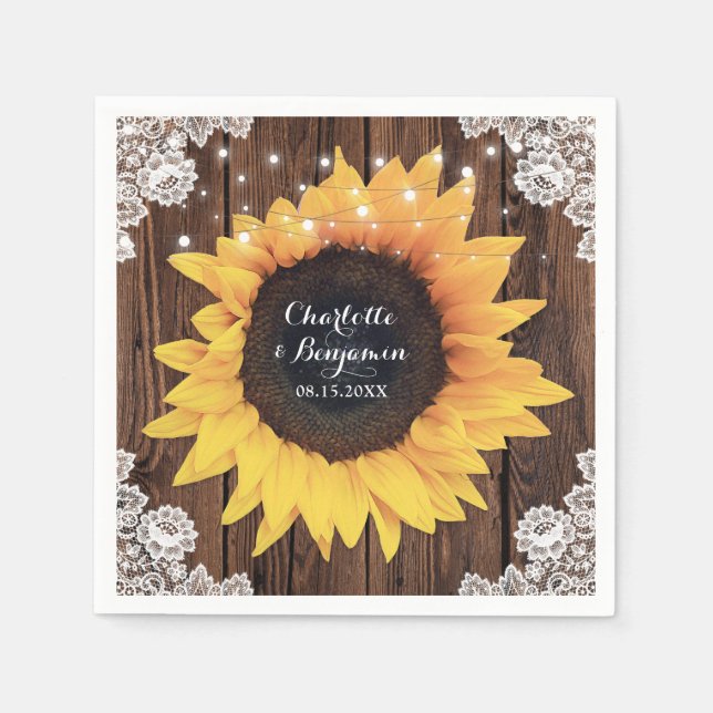 Rustic Country Wood Lace Sunflower Wedding Napkins (Front)