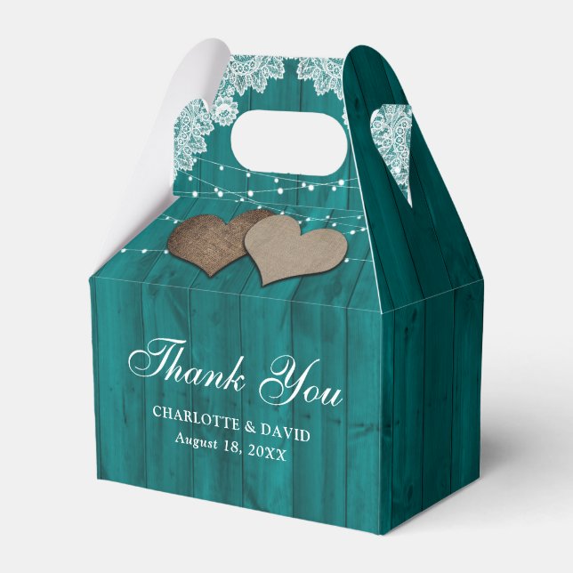 Rustic Country Wood Lace Teal Wedding Thank You Favour Box (Front Side)