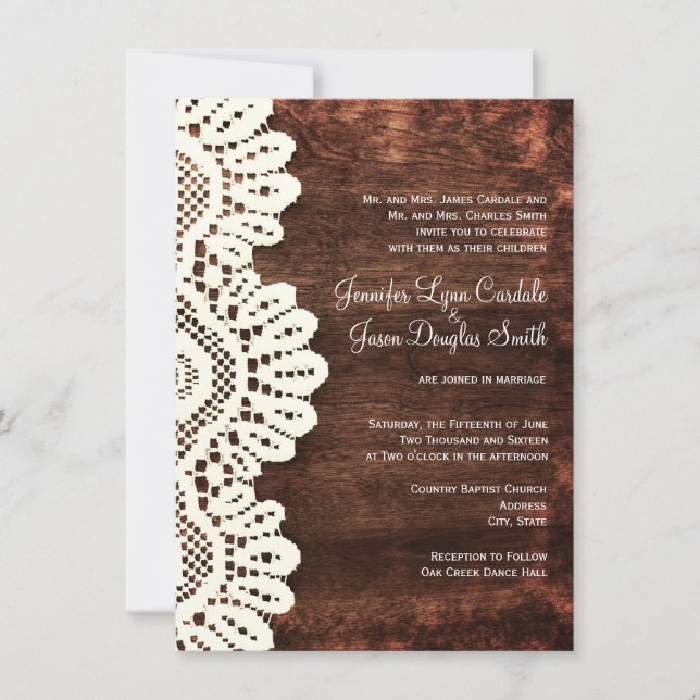 Rustic Country Wood Lace Wedding Invitations (Front)