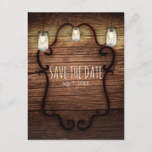 Rustic Country Wood & Lighted Mason Jars Save Date Announcement Postcard