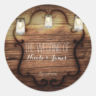 Rustic Country Wood & Lighted Mason Jars Wedding Classic Round Sticker