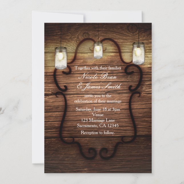 Rustic Country Wood & Lighted Mason Jars Wedding Invitation (Front)