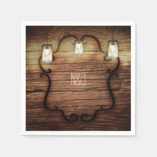 Rustic Country Wood & Lighted Mason Jars Wedding Napkin