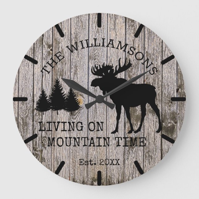 Rustic Country Wood Living on Mountain Time Moose Large Clock (Front)
