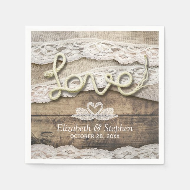 Rustic Country Wood Love Rope Burlap Lace Wedding Napkin (Front)