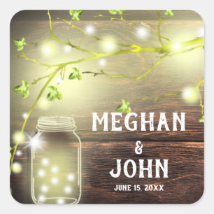 Rustic Country Wood Mason Jar String Lights Tree Square Sticker