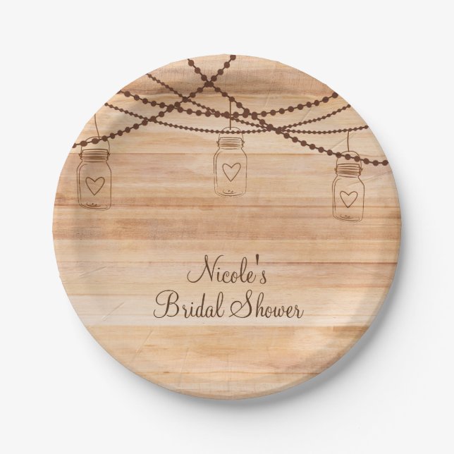 Rustic Country Wood & Mason Jars Barn Wedding Paper Plate (Front)
