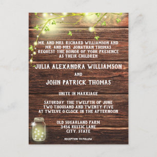 Rustic Country Wood Mason String Lights Wedding Invitation Postcard