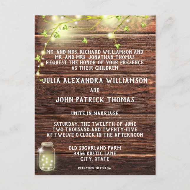Rustic Country Wood Mason String Lights Wedding Invitation Postcard (Front)