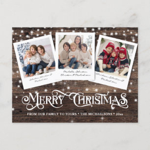 Rustic Country Wood Merry Christmas 3 Photo Holiday Postcard
