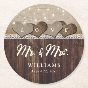 Rustic Country Wood Mr and Mrs Wedding Round Paper Coaster