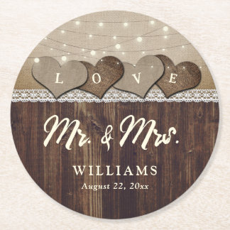 Rustic Country Wood Mr and Mrs Wedding Round Paper Coaster