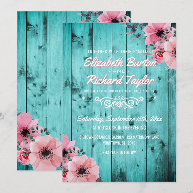 Rustic Country Wood Pink Floral Boho Teal Wedding Invitation (Front/Back)