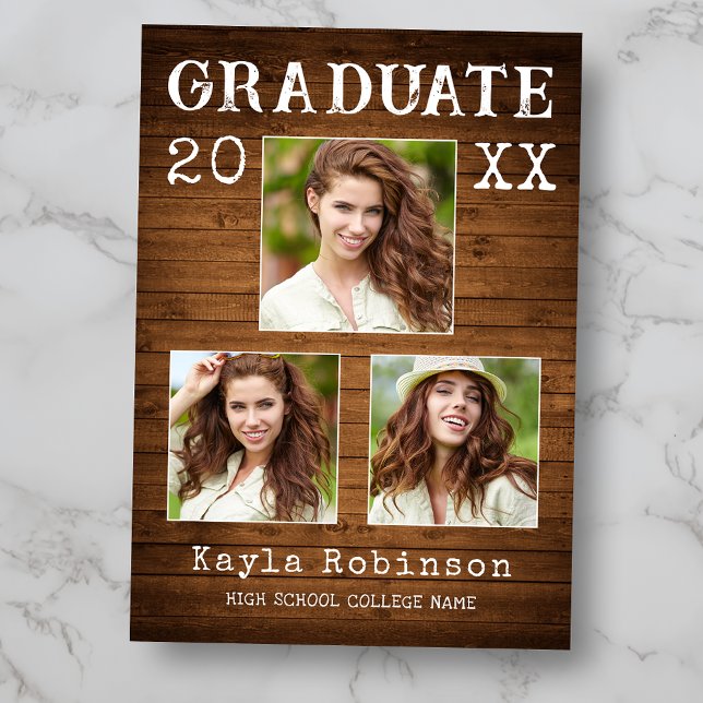 Rustic Country Wood Plank 3 Photo Graduation Announcement (Available in print or instant digital download for quick messaging, email or self printing.)