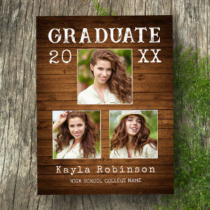 Rustic Country Wood Print 3 Photo Graduation Postcard