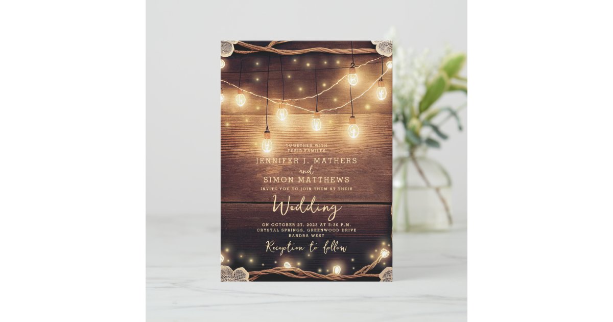Rustic Country Wood String Lights Lace Wedding Invitation | Zazzle