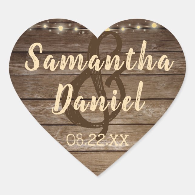 Rustic Country Wood & String Lights Wedding Heart Sticker (Front)