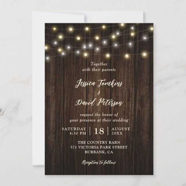 Rustic Country Wood String Lights Wedding Invitation (Front)