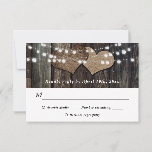 Rustic Country Wood String Lights Wedding RSVP Card (Front)