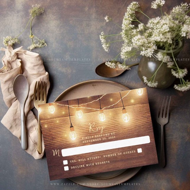 Rustic Country Wood String Lights Wedding RSVP Card (Creator Uploaded)