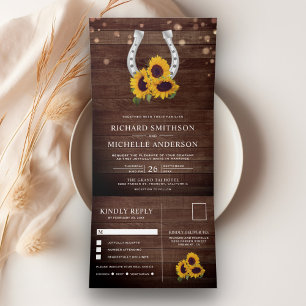 Rustic Country Wood Sunflower Horseshoe Wedding Tri-Fold Invitation