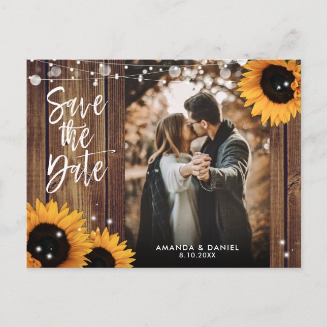 Rustic Country Wood Sunflower Photo Save The Date Announcement Postcard (Front)