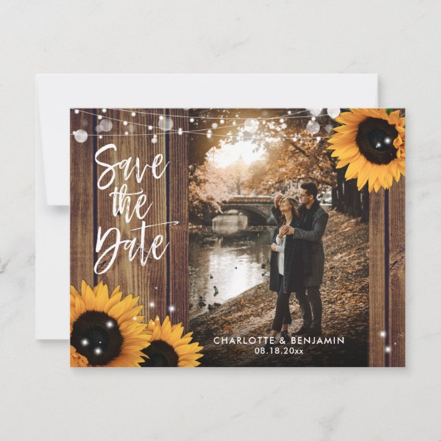 Rustic Country Wood Sunflower Wedding Photo Save The Date (Front)