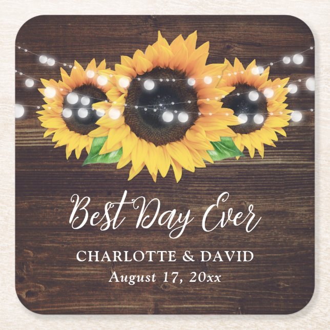 Rustic Country Wood Sunflower Wedding Square Paper Coaster (Front)