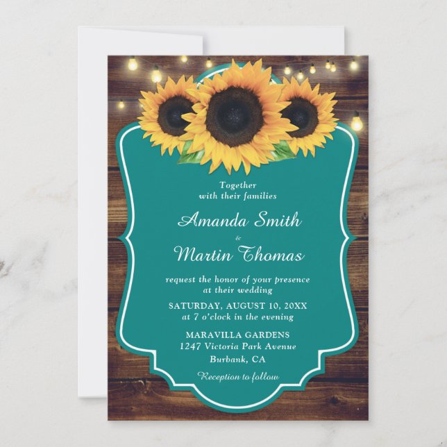 Rustic Country Wood Teal Sunflower Wedding Invitation (Front)