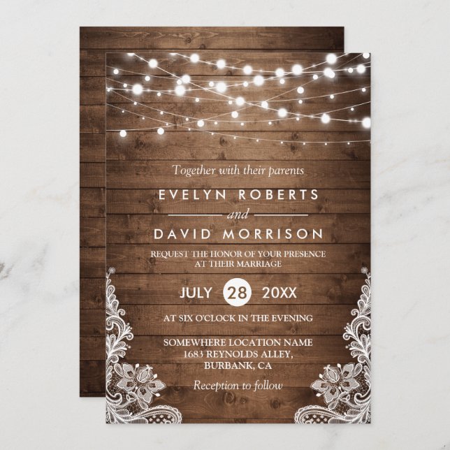 Rustic Country Wood Twinkle Lights Lace Wedding Invitation (Front/Back)