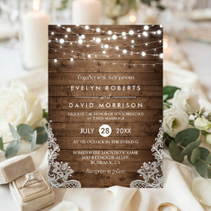 Rustic Country Wood Twinkle Lights Lace Wedding Invitation