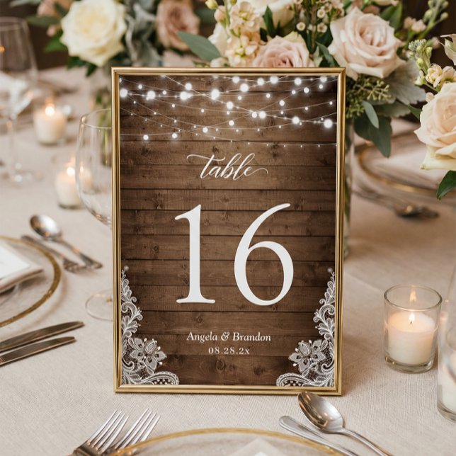 Rustic Country Wood Twinkle Lights Lace Wedding Table Number (Creator Uploaded)