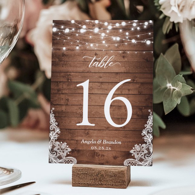 Rustic Country Wood Twinkle Lights Lace Wedding Table Number (Creator Uploaded)