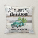 RUSTIC COUNTRY WOOD VINTAGE TRUCK FAMILY NAME CUSHION<br><div class="desc">RUSTIC COUNTRY WOOD VINTAGE TRUCK FAMILY NAME CHRISTMAS THROW PILLOW - Merry Christmas in pretty script lettering accented with berry sprigs on a rustic wood background. A vintage pick up truck is also featured hauling freshly cut Christmas trees and is decorated with multi coloured string lights. Personalised with your family...</div>