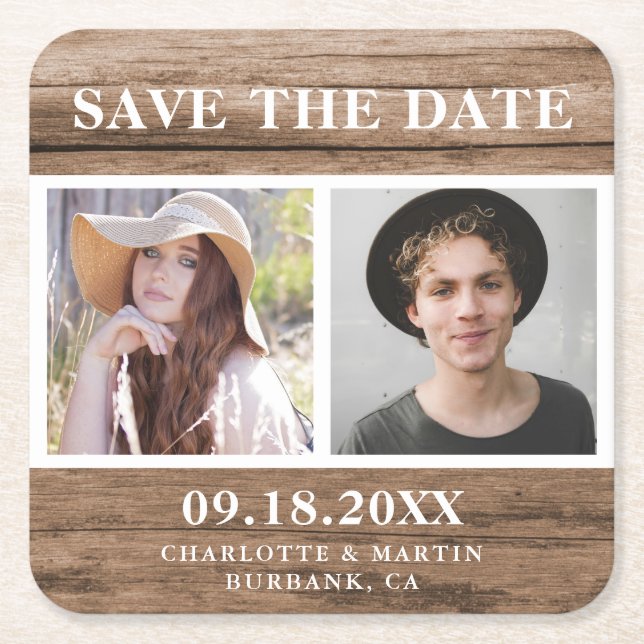 Rustic Country Wood Wedding 2 Photo Save The Date Square Paper Coaster (Front)