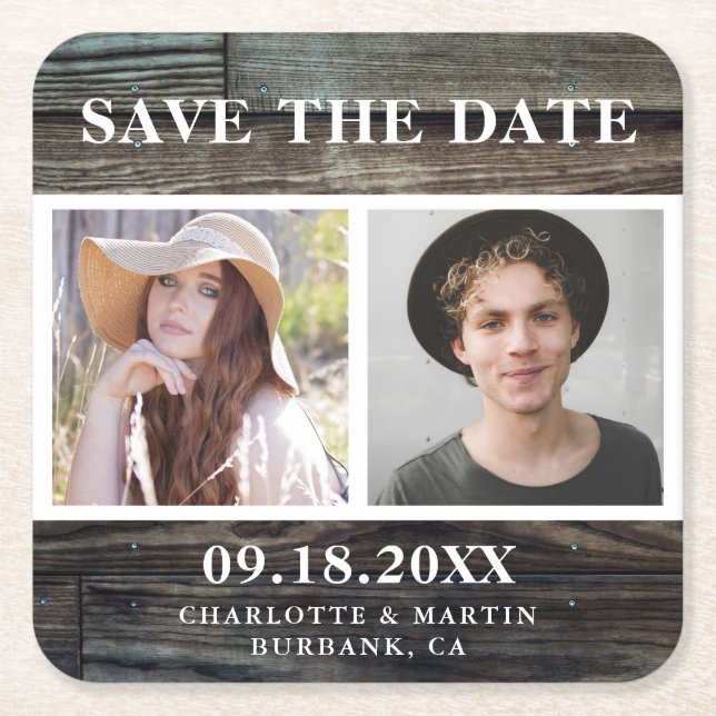 Rustic Country Wood Wedding 2 Photo Save The Date Square Paper Coaster (Front)