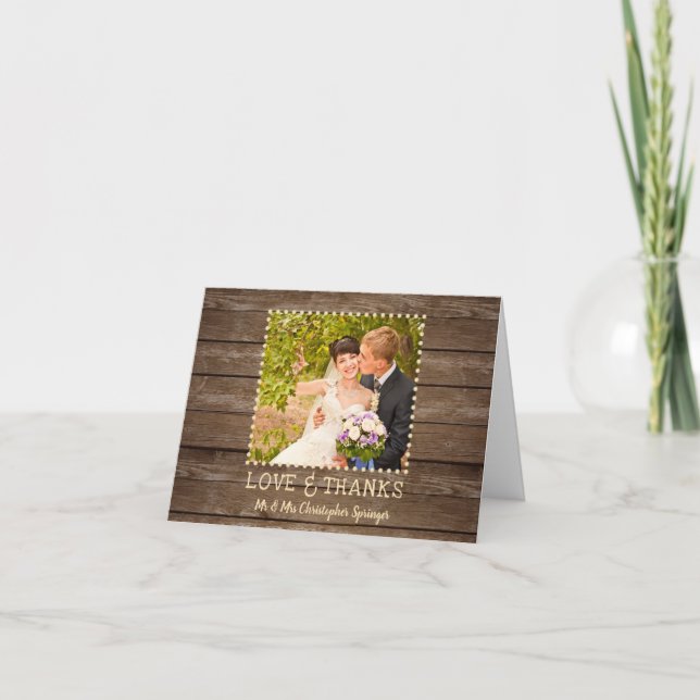 Rustic Country Wood Wedding Photo Thank You Card (Front)