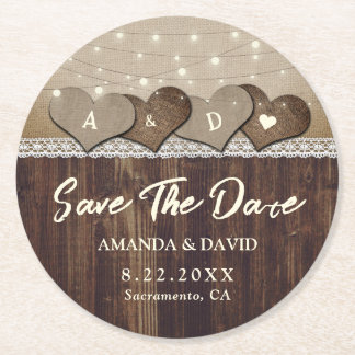 Rustic Country Wood Wedding Save The Date Round Paper Coaster