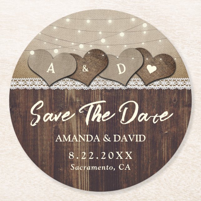 Rustic Country Wood Wedding Save The Date Round Paper Coaster (Front)