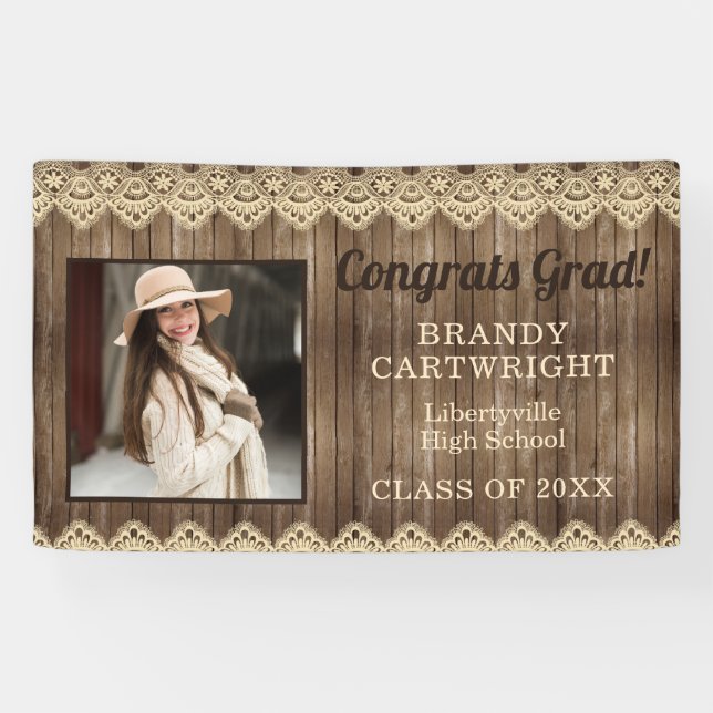 Rustic Country Wood with Lace Photo Graduation Banner (Horizontal)