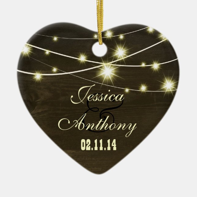 rustic country wood with string of lights ceramic tree decoration (Front)