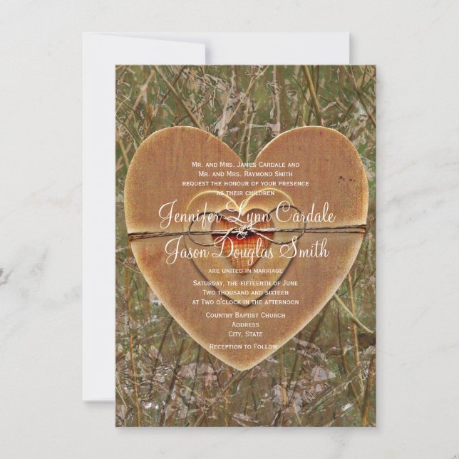 Rustic Country Wooden Heart Camo Wedding Invites (Front)