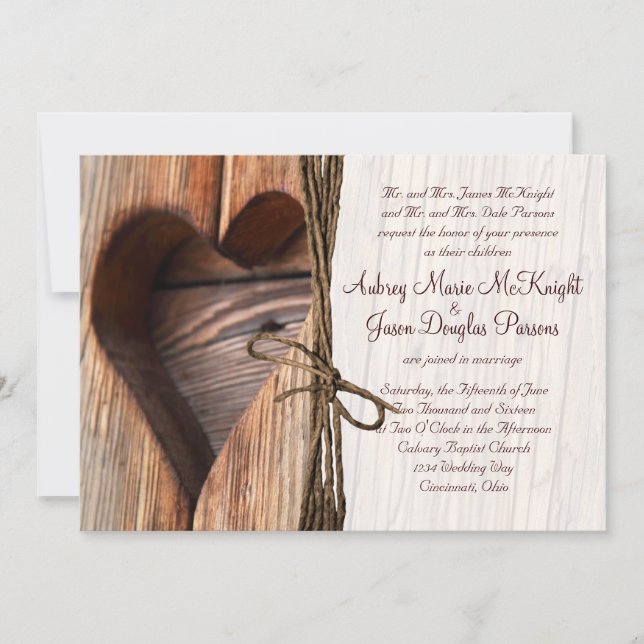 Rustic Country Wooden Heart Twine Wedding Invites (Front)