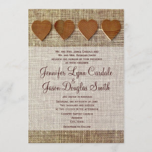 Rustic Country Wooden Hearts Burlap Wedding Invite